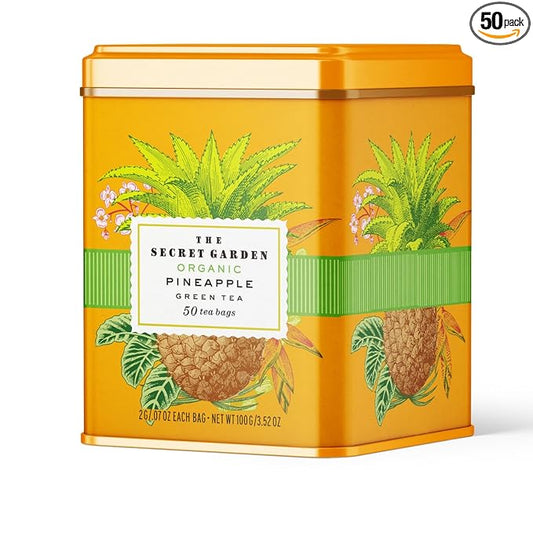 Life Plus Style Gourmet The Secret Garden Organic Pineapple Green Tea Premium Naturally Caffeinated Tropical Fruit Daily USDA Certified Green Tea Non GMO Herbal 50 Tea Bags Gift Tin Enjoy Hot or Iced