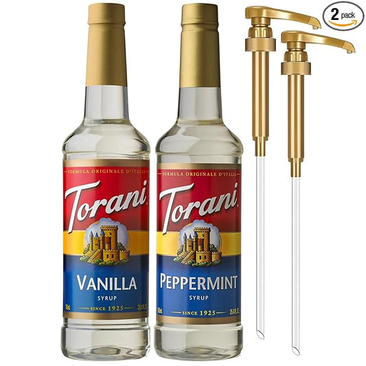 Torani Syrups, Peppermint and Vanilla Syrup Variety 2-Pack, Coffee Syrups for Drinks, Pumps Included, 25.4 Fl Oz Ea