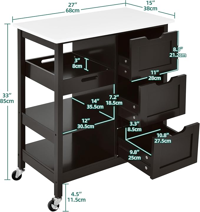 YITAHOME Small Solid Wood Top Kitchen Island Cart on Wheels with Storage, Rolling Portable Dining Room Serving Utility Carts Mobile Movable with 3 Drawers Cabinet, Dark Brown