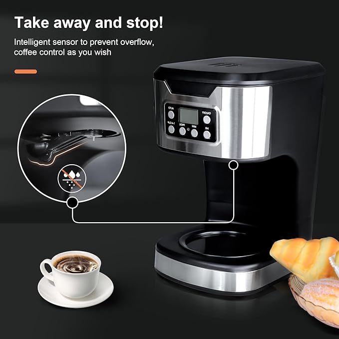 Programmable Coffee Maker 12 Cup Brew & Drip coffee machine, Fully Automatic, 1-4 Cup Setting, Stainless Steel, Keep- Warm Function, Household, Home and Office, Black