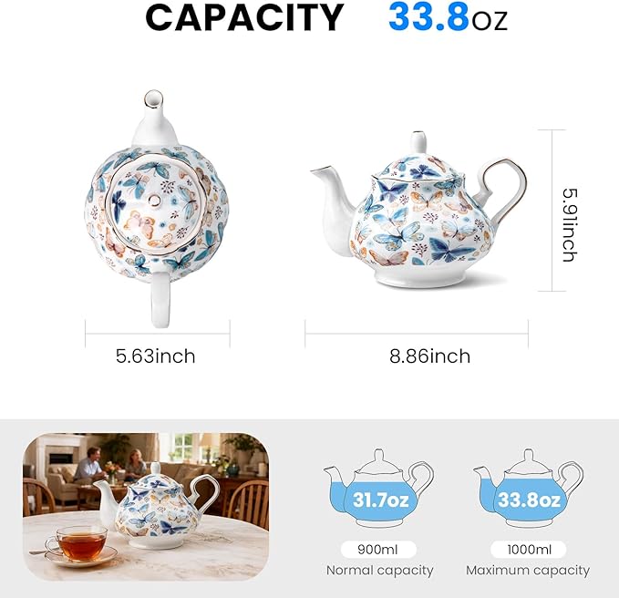 33.8 oz Porcelain Tea Pot Luxury Gold Trim Floral Ceramic Teapot Waterpot Tea Maker for Blooming Loose Leaf Tea Coffee Milk Chrismas Women Gift Housewarming Home Kitchen Décor (Butterfly)