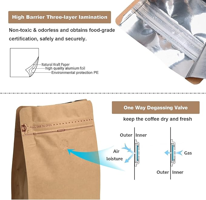 100 Count 12 Ounces Kraft Paper Coffee Bags - High Barrier Kraft & Foil Liner - Flat Bottom Coffee Pouches with Degassing Valve, Food Storage Bags with Rsealable Zipper & Easy Open Tape (100pcs,