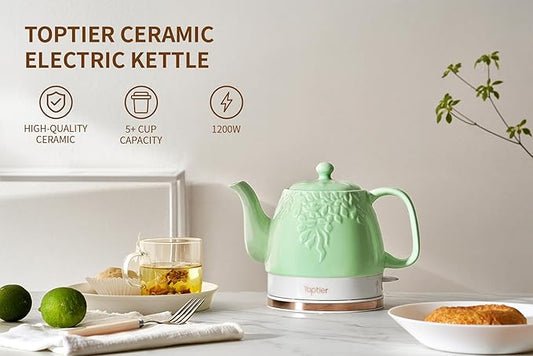 Toptier Electric Ceramic Tea Kettle, Boil Water Quickly and Easily, Detachable Swivel Base & Boil Dry Protection, Carefree Auto Shut Off, 1 L, Green Leaf