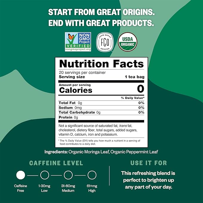FGO Organic Moringa Mint Tea, 20 Count, Eco-Conscious Herbal Tea Bags, Resealable Bag, Caffeine Free, Packaging May Vary (Pack of 1)