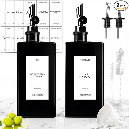 2PCS 16.9oz Olive Oil Dispenser Bottle For Kitchen, Soy Sauce Dispenser, Dark Glass Bottles for Oil and Vinegar Dispenser Set W.2 Replacement Spouts & Labels, Coffee Syrup Dispenser (Black)