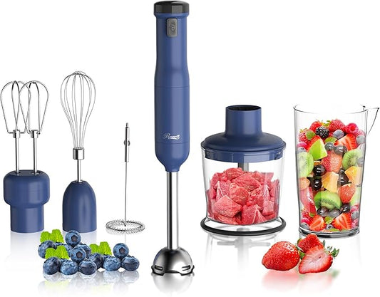 Rosewill 6-in-1 Multi-Speed Cordless Rechargeable Immersion Hand Blender, Heavy Duty Motor - Stick Blender, Beaker, Whisk, Chopper, Dual Beater, Milk Frother - For Smoothies, Baby Food, Soup - Blue