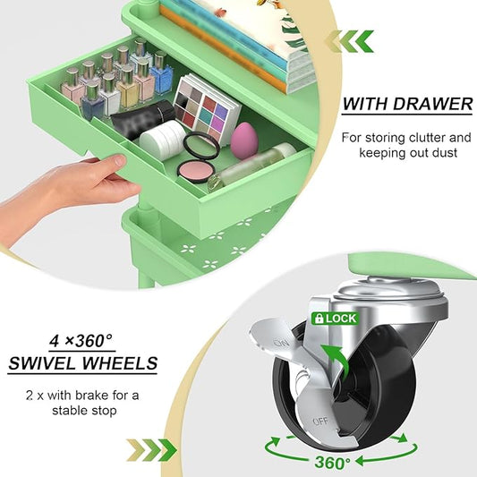 Goovilla 4 Tier Rolling Utility Cart Organizer with Removable Drawer, Stable and Sturdy Green Rolling Storage Carts with 2 Lockable Wheels for Bathroom, Kitchen, Snack, Craft, Makeup, Baby Essentials