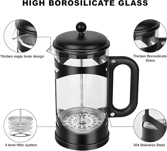 YMMIND 34 Ounce French Press Coffee Maker Black Stainless Steel Coffee Press, with 4-Level Filter System, Heat Resistant Thickness Borosilicate Glass, BPA-Free Brewed Coffee Pot for Camping Gifts