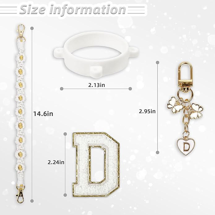 Compatible with Owala Water Bottle Accessories, Cute Letter Charm Set with Boho Handle Strap, Monogram Sticker, Silicone Ring, Keychain Decoration, for FreeSip 24 32 40oz, Owala Kids, Tumbler Gift