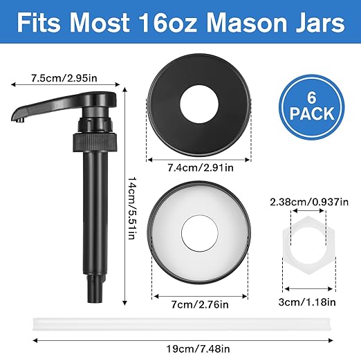 Yuanan 6 PCS 16 Oz Stainless Steel Mason Jar Soap Dispenser Pump Lid, Leak-Proof Coffee Syrup Pump Dispenser Rustproof Kitchen Soap Dispensers Reusable for Kitchens, Bathrooms-Black