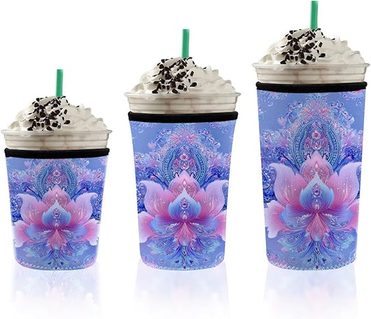 Boho Lotus Flower Iced Coffee Sleeve Set of 3 Reusable Neoprene Cup Holder for Cold Drinks Fits 16oz 24oz 30oz Cups Aesthetic Insulated Cup Sleeve