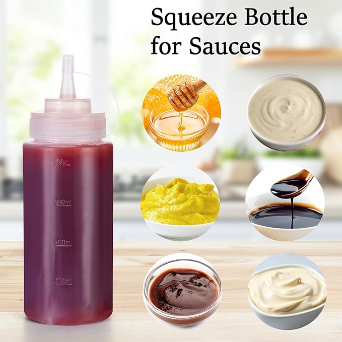 Katfort Condiment Squeeze Bottles Ketchup Dispenser, 4 Pack 16oz Squeeze Bottles for Liquids, Plastic Sauce Bottle with Cap Lid, Squirt Bottles for Sauces Liquids BBQ Dressing Pancake Art