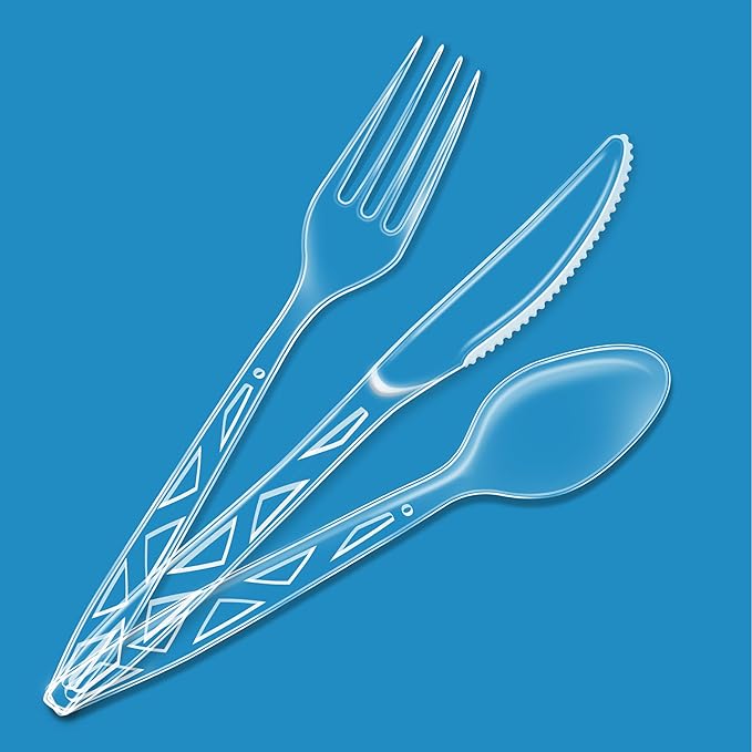 Amazon Basics Disposable Clear Assorted Cutlery Set, Premium Quality, 192 Count, Large Combo Pack Forks, Spoon and Knives