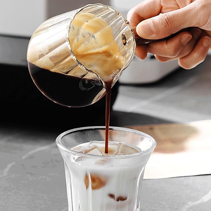 6oz Glass Espresso Cups with Spout, Espresso Accessories, Espresso Shot Glass with V-Shaped Mouth, Ribbed Milk Frothing Pitcher (Clear)