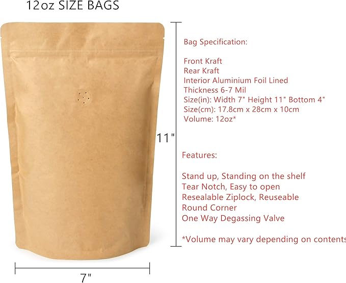 50 Counts High Barrier Natural Kraft Paper Stand up Zipper Coffee Pouch Bag with One Way Degassing Valve (50, 12 OZ/340 Gram)