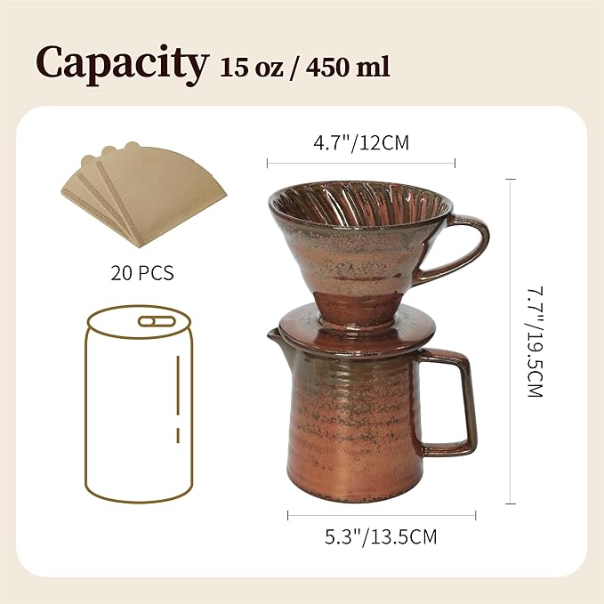 Vintage Ceramic Pour Over Coffee Maker with V60-Style Dripper and 40 Paper Filters (Red)