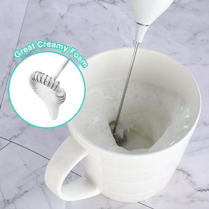 HAUSHOF Powerful Rechargeable Milk Frother Wand, Handheld Electric Foam Maker, Drink Mixer with Detachable Stainless Steel Whisk for Coffee Latte, Cappuccino, Matcha, No Stand, White