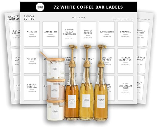 SAVVY & SORTED Coffee Bar Essentials Labels Stickers | 72 Coffee Syrup Labels Coffee Station Organizer