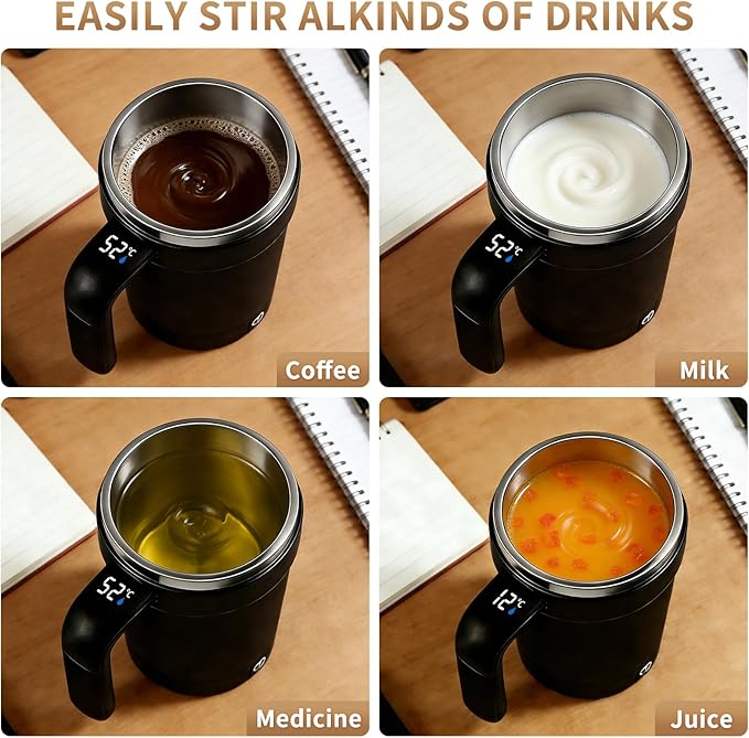 2026 Upgraded Stirring Coffee Mug,With LCD Temperature Display,Rechargeable Automatic Magnetic Stirring Coffee Mug,304 Stainless Steel,for tea/Hot Chocolate/Milk Ideal Gift for Coffee Lovers (Black)