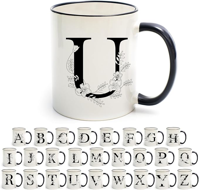 Monogram Ceramic Coffee Mugs, 11 oz Initial Drinking Cup with Gift Box, Unique Birthday Valentines Day Gifts for Women Wife Mothers Day Grandma Mom Aunt, U