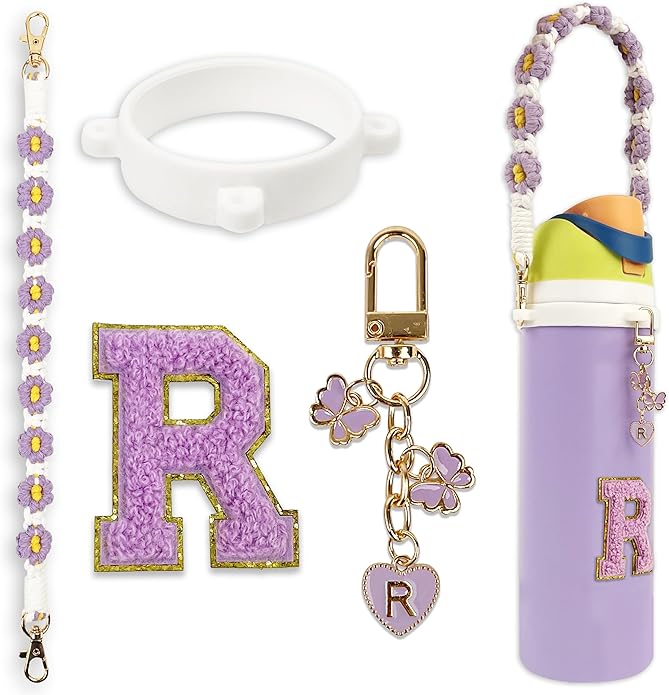 Compatible with Owala Water Bottle Accessories, Cute Letter Charm Set with Boho Handle Strap, Monogram Sticker, Silicone Ring, Keychain Decoration, for FreeSip 24 32 40oz, Owala Kids, Tumbler Gift