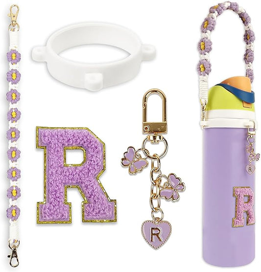 Compatible with Owala Water Bottle Accessories, Cute Letter Charm Set with Boho Handle Strap, Monogram Sticker, Silicone Ring, Keychain Decoration, for FreeSip 24 32 40oz, Owala Kids, Tumbler Gift