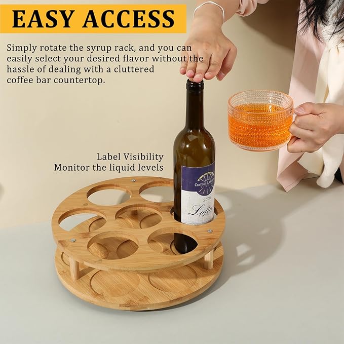 Wooden Rotating Coffee Syrup Organizer Rack, Syrup Bottle Stand Holder for Coffee Syrup Station, 7 Bottles Storage Display Turntable Tray&Lazy Susan for Syrup, Liquor Wine in Kitchen Countertop