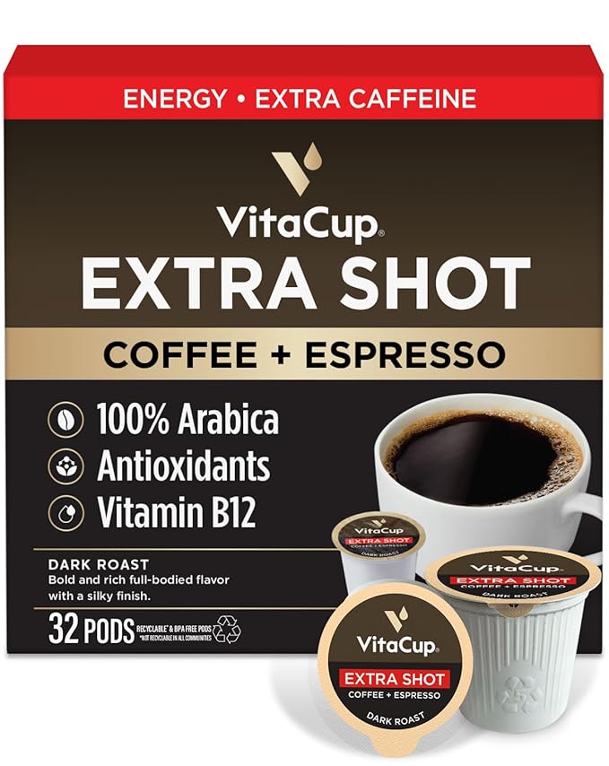 VitaCup Extra Shot Strong Coffee Pods, Bold & Intense Dark Roast w/Espresso Shot, High Caffeine, Vitamin B12, Antioxidants, Single Serve Pod Compatible with Keurig K-Cup Brewers, 32ct