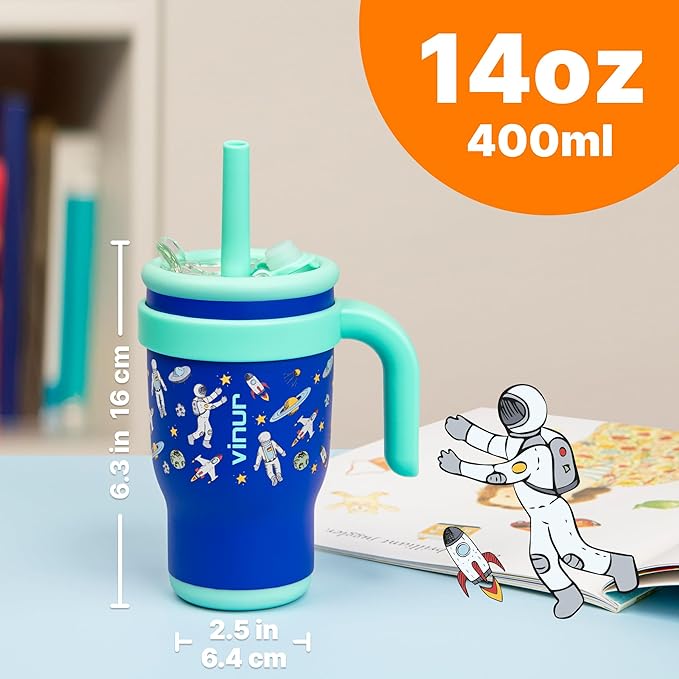 VINUR Kids Tumbler with Handle 14 oz Stainless Steel Double Wall Vacuum Insulated Tumbler with Lid and Straw, Leak Proof Water Cup for Travel (Astronaut)