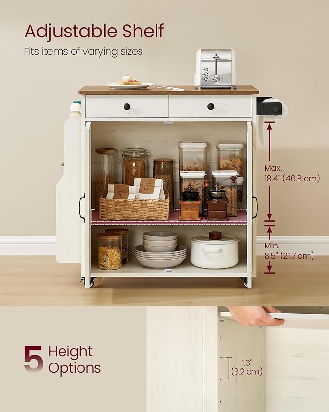 VASAGLE Mobile Kitchen Island, Portable Island with Spice Rack, Mobile Cart with Storage Cabinet, 17.7 x 36.5 x 36 Inches, for Dining Room, Rustic White and Honey Brown UKKI008W01