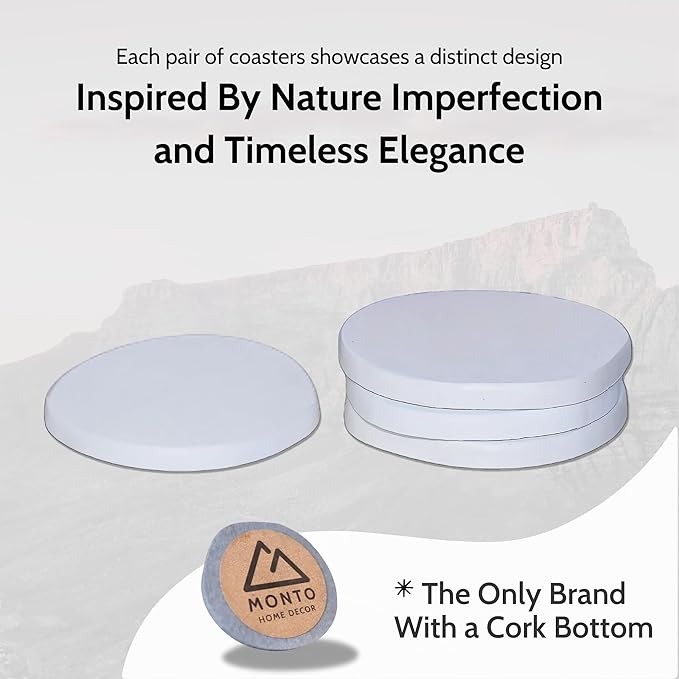 Magic Coasters – Absorbent Stone Coaster Set of 4 for Drinks, Diatomaceous Earth, Table Slip Proof with Sturdy Cork Bottom, Stylish and Sustainable Drink Holder (White Slate)
