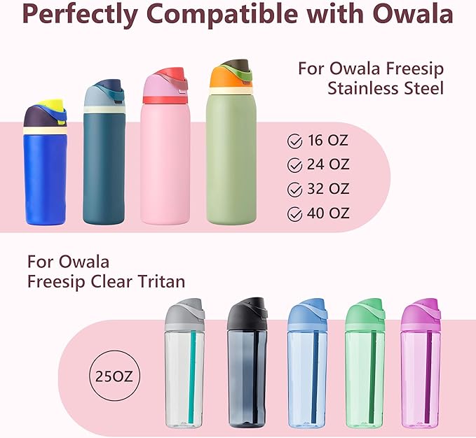 2 IN 1 Replacement Lid for Owala Freesip, Compatible with Owala Cup 16oz 24oz 32oz 40oz, One Button Water Bottle Top Lid Replacement Accessory and Straws, Leakproof, BPA-Free, Rose Pink