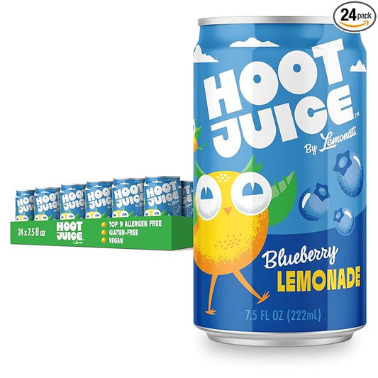 Hoot Juice Lemonade By Lemonati, No Artificial Sweeteners or Flavors, Gluten-Free, Kosher, Non-GMO, Vegan, 7.5 Fl Oz Mini-Cans, Pack of 24, Blueberry