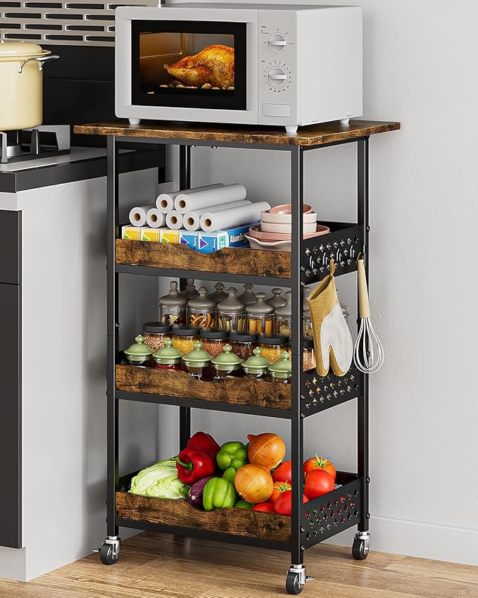 Giwil 4-Tier Rolling Kitchen Cart, Microwave Stand with Wooden Top Coffee Station Table Snack Rack Organizer, Utility Cart on Wheels for Onions Potatoes, Black