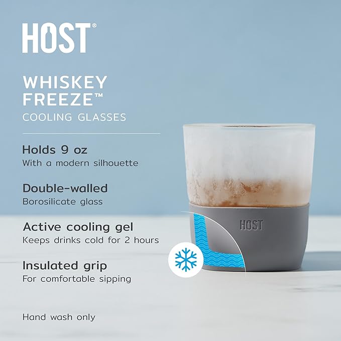 Host Glass Freeze Whiskey Cooling Glasses, Double Wall Glass Cups, Drink Tumblers for Whiskey Tumblers, Insulated Cup Drinkware, 9oz Glass Set of 2