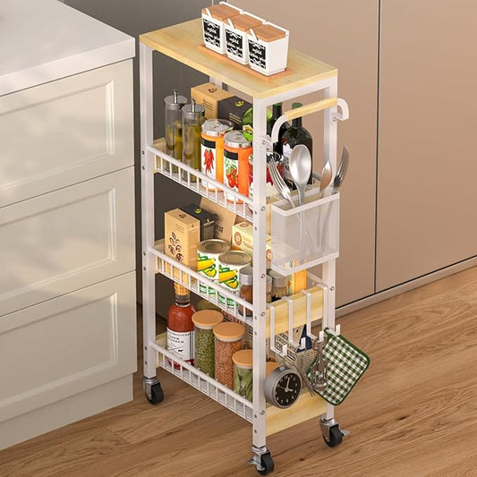 Slim Rolling Storage Cart, 4 Tier Small Organizer Cart with Wheels, Metal Utility Shelf Kitchen Bathroom Laundry Room Organization Trolley with Handle for Narrow Space (9.1" Overall Width)