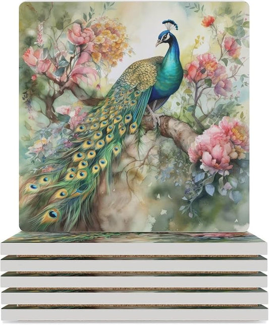 Peacock Drink Coasters, Square Ceramic Drink Coaster Square-6PCS, Vintage Watercolor Style Floral Beautiful Peacock Decor Absorbent Ceramic Coasters for Beverage Cup, Bar, Coffee Table