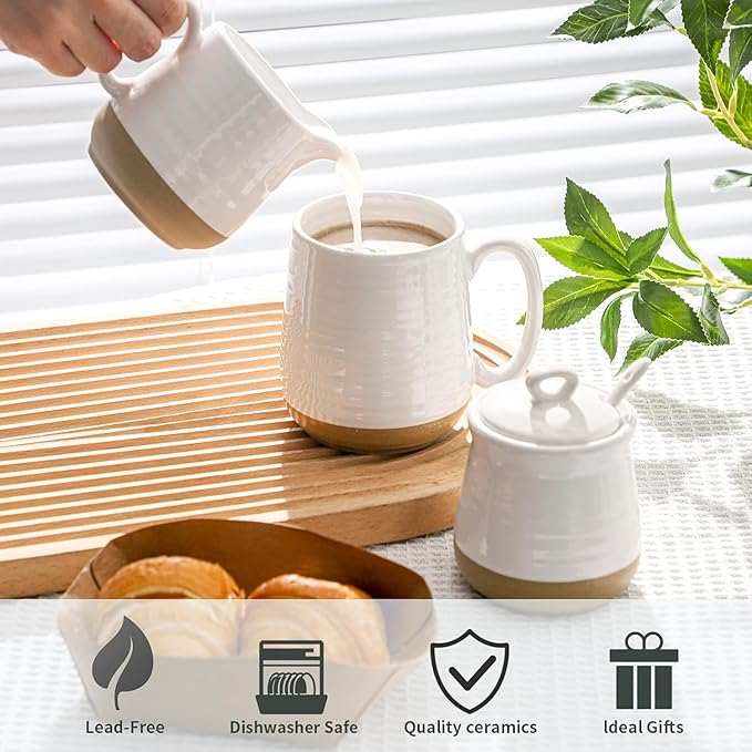 Ceramic Sugar and Creamer Container Set of 3,10 Ounce Cream Pitcher,11 Ounce Sugar Bowl with Lid and Spoon,Farmhouse Coffee Bar Accessories Set for Serving,Microwave & Dishwasher Safe,White