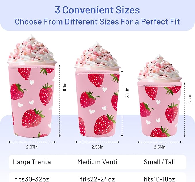 Iced Coffee Sleeve Reusable Cup Sleeves for Cold Drinks Neoprene Koozie Cozy Plastic Cup Covers for Drinks, Strawberry