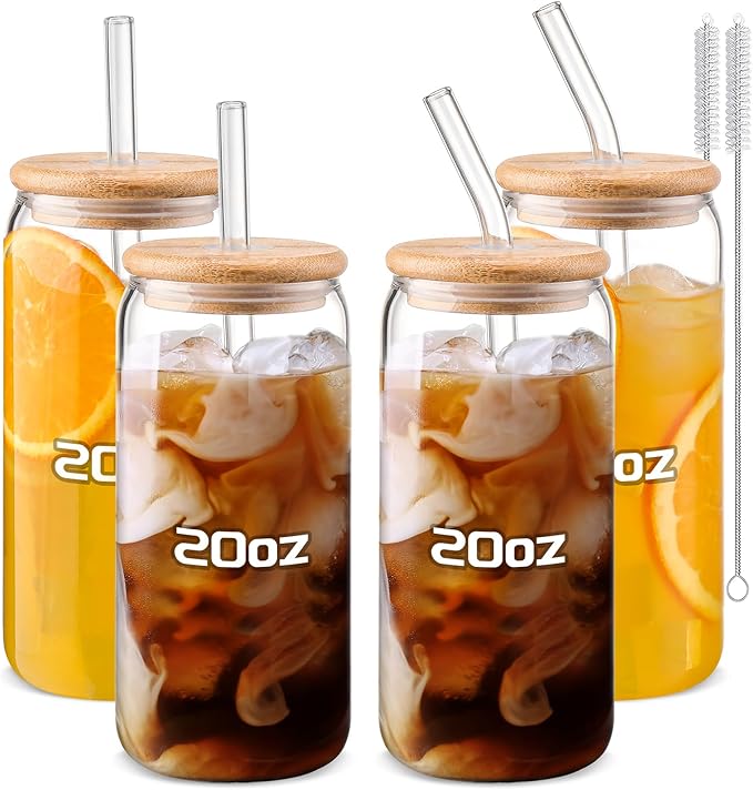 DWTS DANWEITESI Glass Cups “20oz”,Glass Cups with Lids and Straws 4 pcs-Coffee Cups,Drinking Glasses Set,Glass Tumbler with Straw and Lid Gift 2 Cleaning Brushes