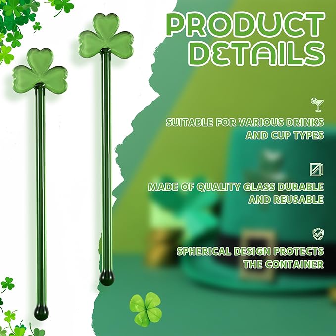 12 Pcs St. Patrick's Day Glass Drink Stirrers 7 Inch Swizzle Sticks for Cocktails Coffee Reusable Green Shamrock Beverage Stir Sticks for Irish Festival Party Coffee Bar Kitchen Bar