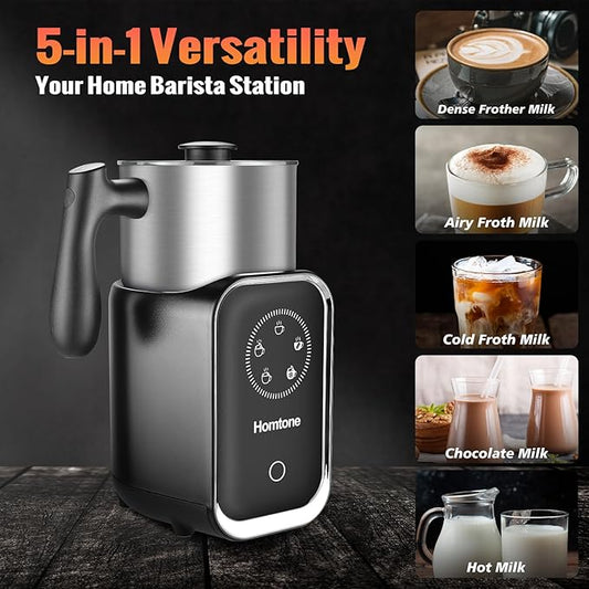Homtone Upgrade 5-in-1 Milk Frother Electric Milk Frother, 21 oz Induction Milk Frother, 120V Removable Stainless Steel Automatic Milk Steamer for Latte, Hot Chocolate, Hot & Cold Foam