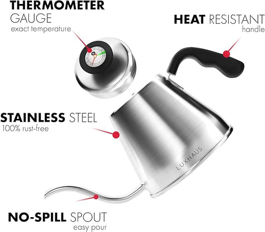 LuxHaus Pour Over Kettle - Gooseneck Kettle With Thermometer - Coffee and Tea Maker for Stovetop - 40oz