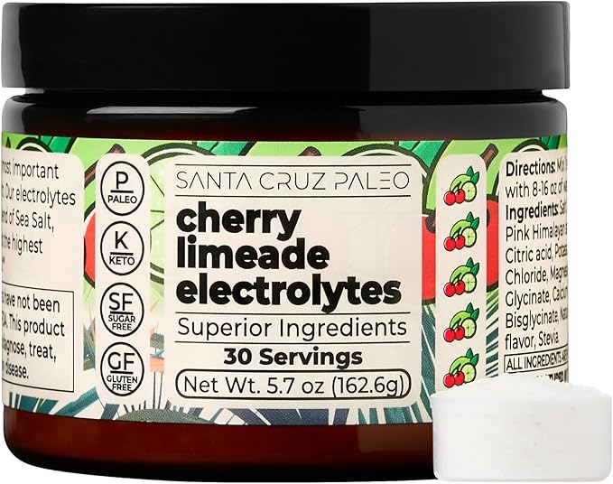 Santa Cruz Paleo Electrolyte Powder, Cherry Limeade, Sugar Free Hydration Drink Mix with Himalayan Pink Salt, Sea Salt, Magnesium Glycinate, Potassium Chloride, Sweetened with Stevia, 30 Servings