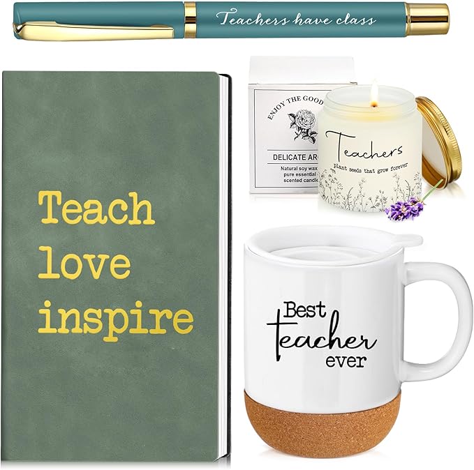 4 Pcs Best Teacher Ever Gifts Set Teacher Week Appreciation Gifts for Valentines Day Thank You Coffee Mug Cup Notebook Scented Candle Ballpoint Pen for Birthday Retirement Holiday