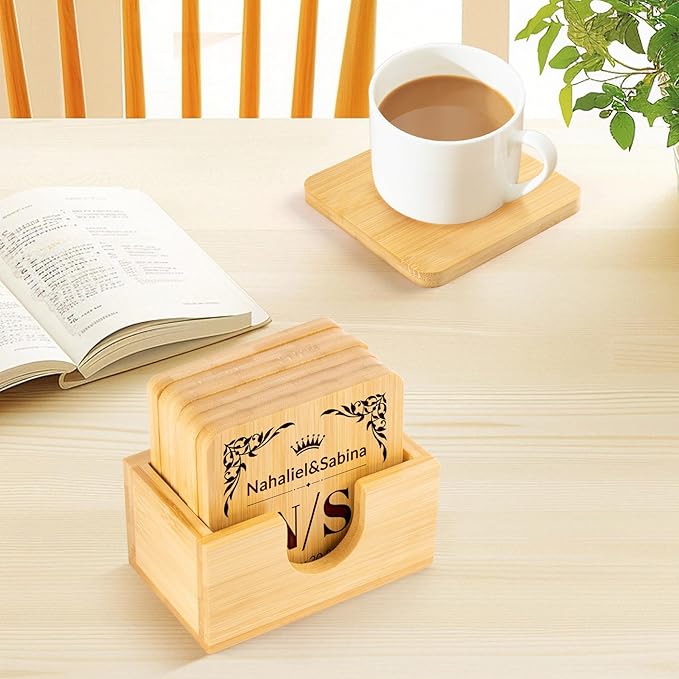 Custom Coasters, Bamboo Coasters Set of 6, 3.7in Laser Engraved Personalized Coaster with Holder, Custom Coffee Bar Accessories Cup Coaster for Home Decor Housewarming Customized Gifts (Square)