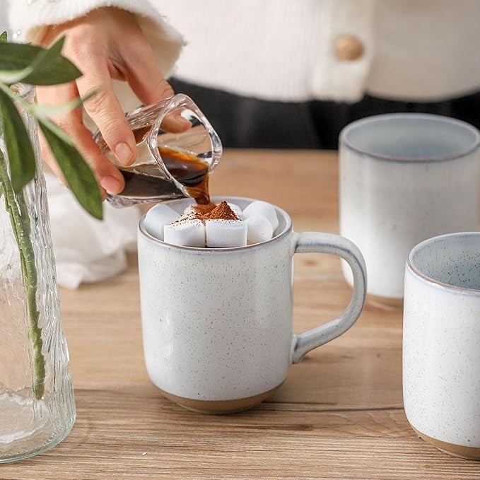 HASENSE Coffee Cups Ceramic 12 OZ with Hanldes, Coffee Mugs Set of 4 for Tea, Cocoa, Milk, Latte and Cappuccino, Porcelain Coffee Cups with Speckled Patterns for Man Woman, Bluish White