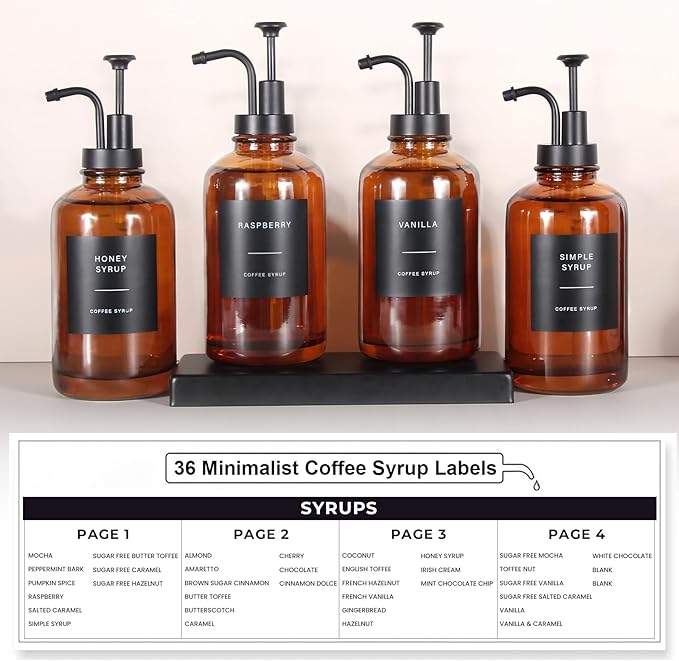 GYOSUGANG Coffee Syrup Dispenser, Set of 4 Amber Glass Syrup Bottle w. Pump and Labels, 16.9 oz 500ml Glass Syrup Bottle with Pump, Farmhouse Syrup Dispenser for Coffee Bar, Ideal Gift