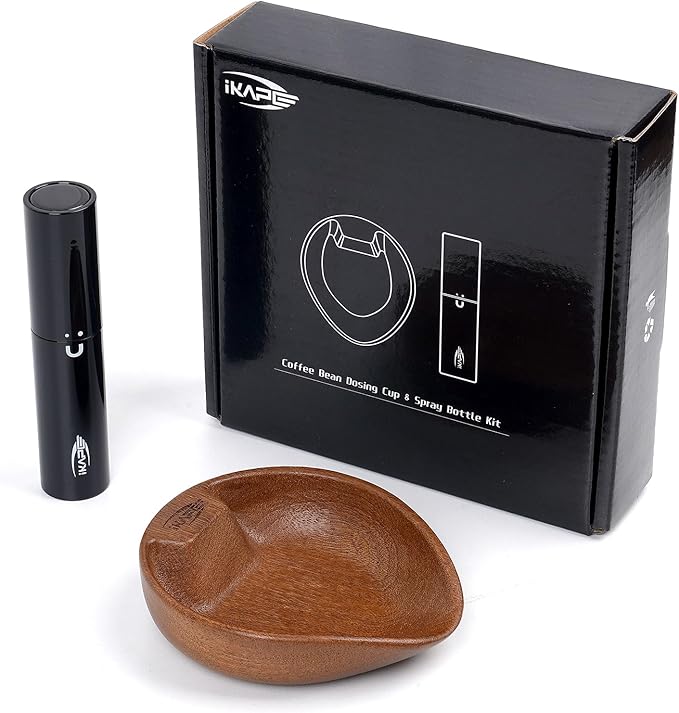 IKAPE Wooden Coffee Bean Dosing Cup and Spray Bottle Kit for Espresso, Coffee Bar Accessories for Reducing Coffee Power Static, Dosing Tray for Coffee or Tea, Sugar(Black)