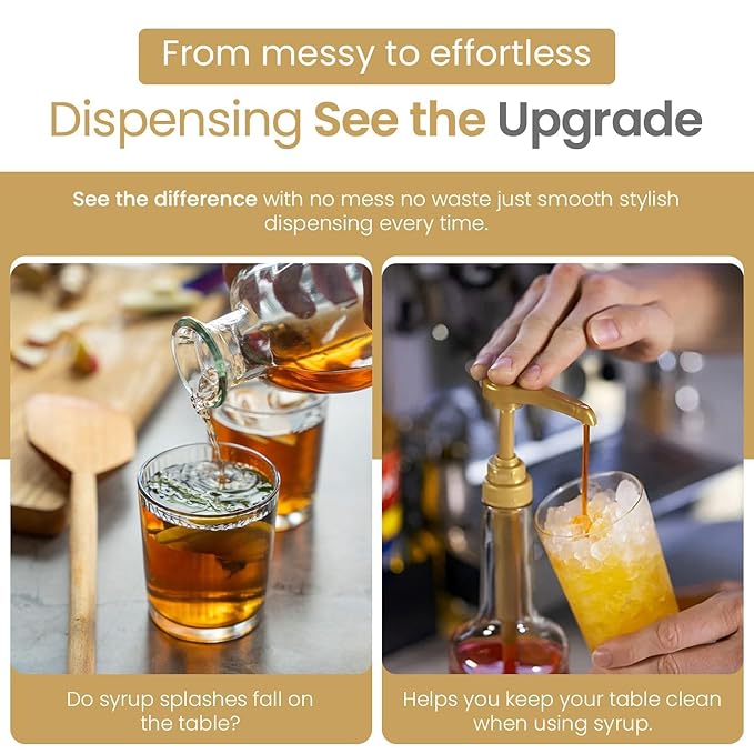 12-Pack Gold Plastic Bottle Syrup Pumps – Fits 750ml / 25.4 oz Bottles – Compatible with Torani & More – IMPORTANT: Will Not Fit Glass Bottles – Coffee Syrup Dispenser.